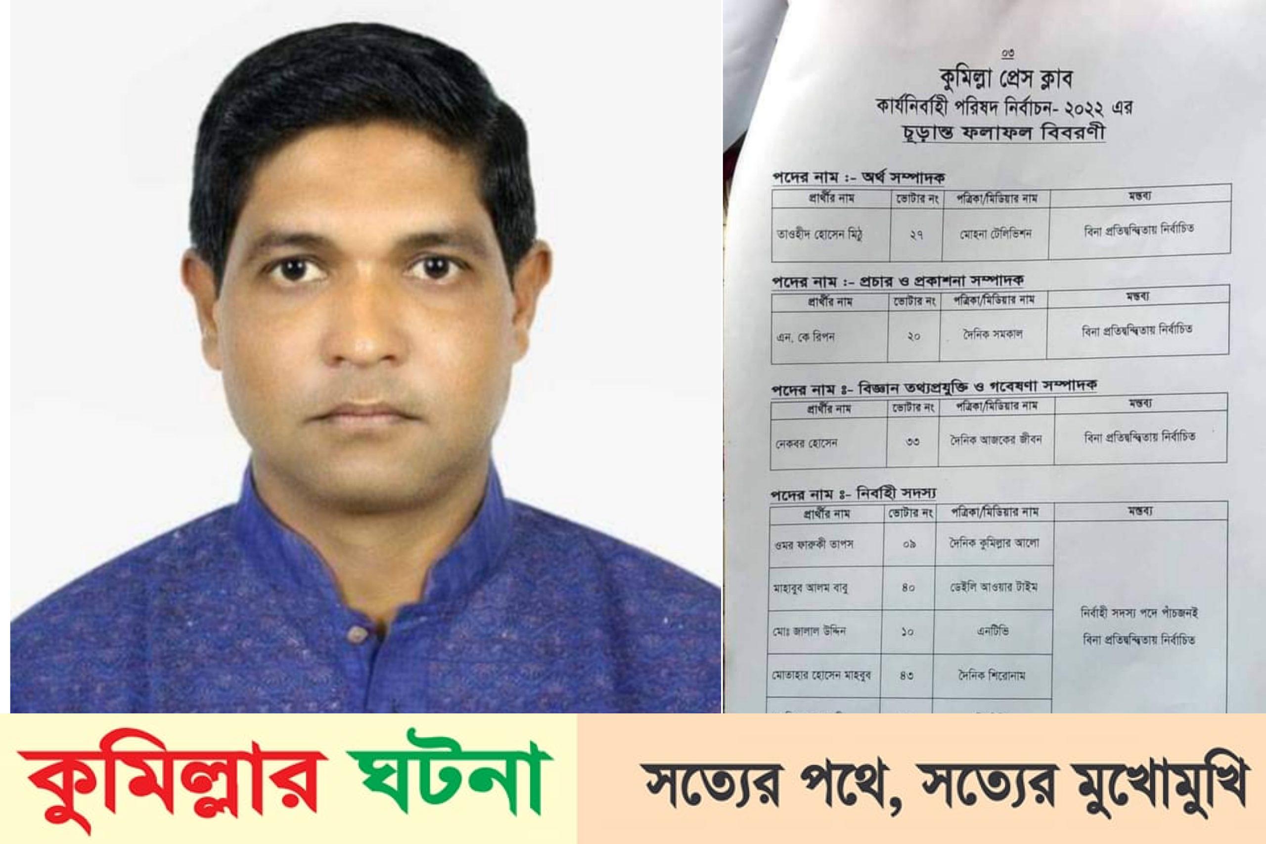 কুমিল্লা প্রেসক্লাব নির্বাচনে বিজয়ী হলেন কুমিল্লার ঘটনা প্রতিনিধি- নেকবর হোসেন