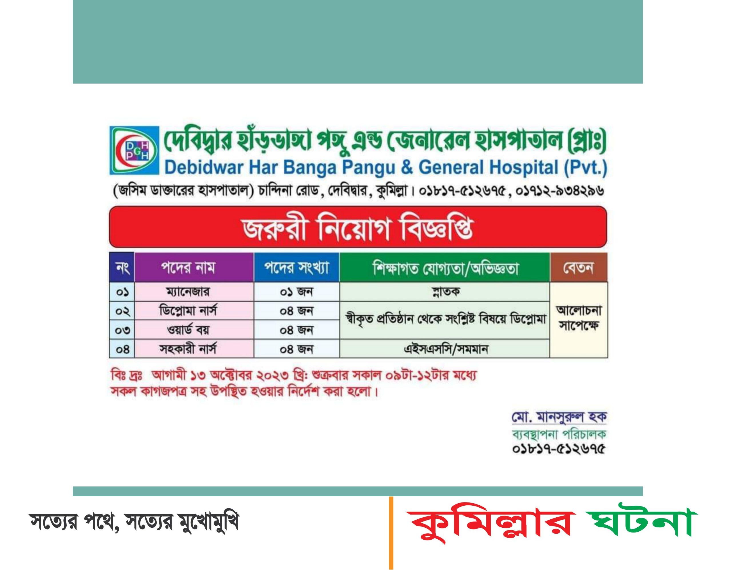 দেবীদ্বার হাড়ভাঙা পঙ্গু এন্ড জেনারেল হাসপাতালে জরুরি নিয়োগ